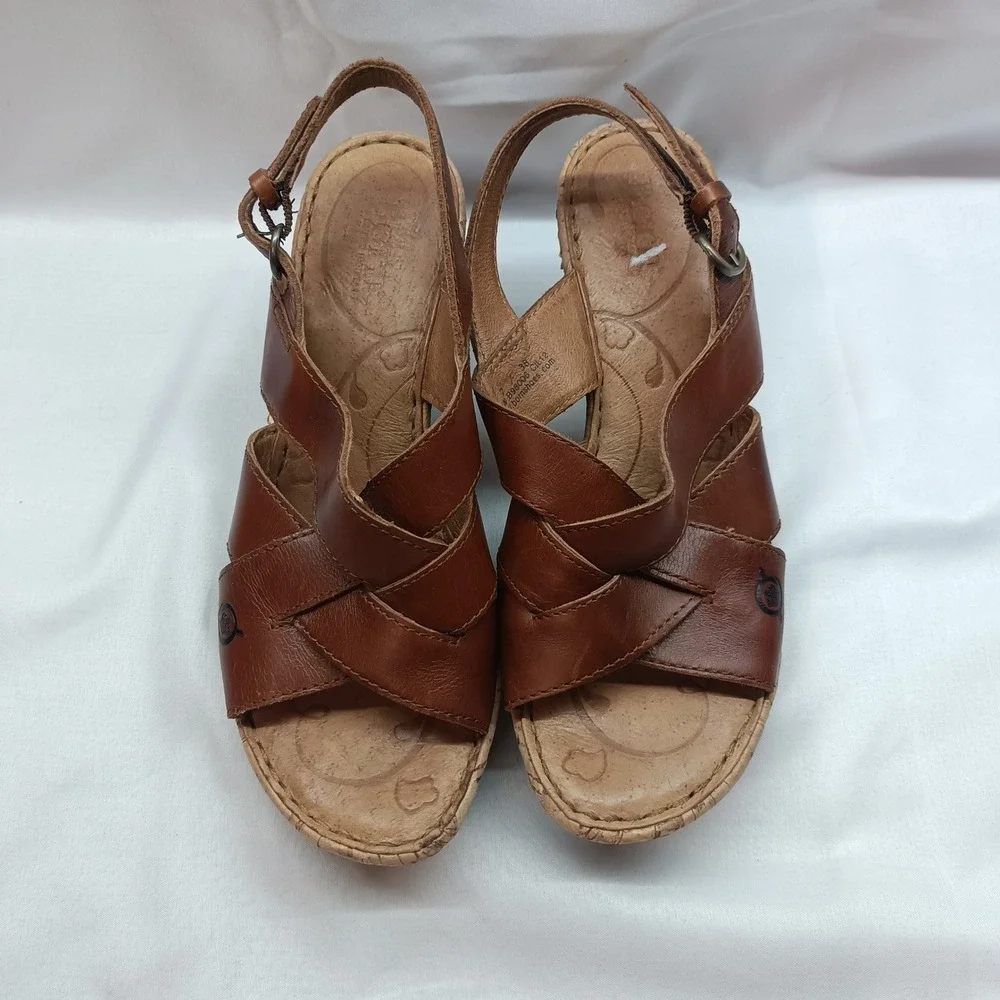 Born Brown Leather Strappy Cork Wedge Sandals Womens US 7